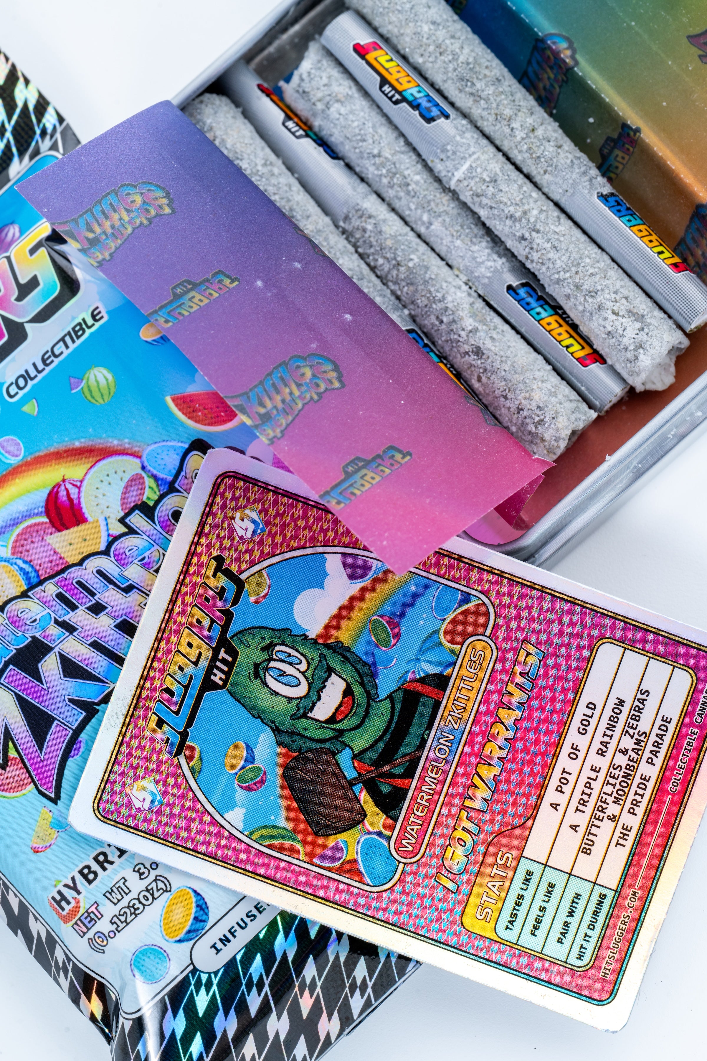Sluggers cannabis pre-rolls in collector's tin with holographic packaging and character trading card