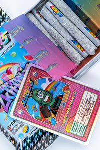 Sluggers cannabis pre-rolls in collector's tin with holographic packaging and character trading card