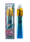 Vape pen with blue and gold design and colorful packaging on a white background