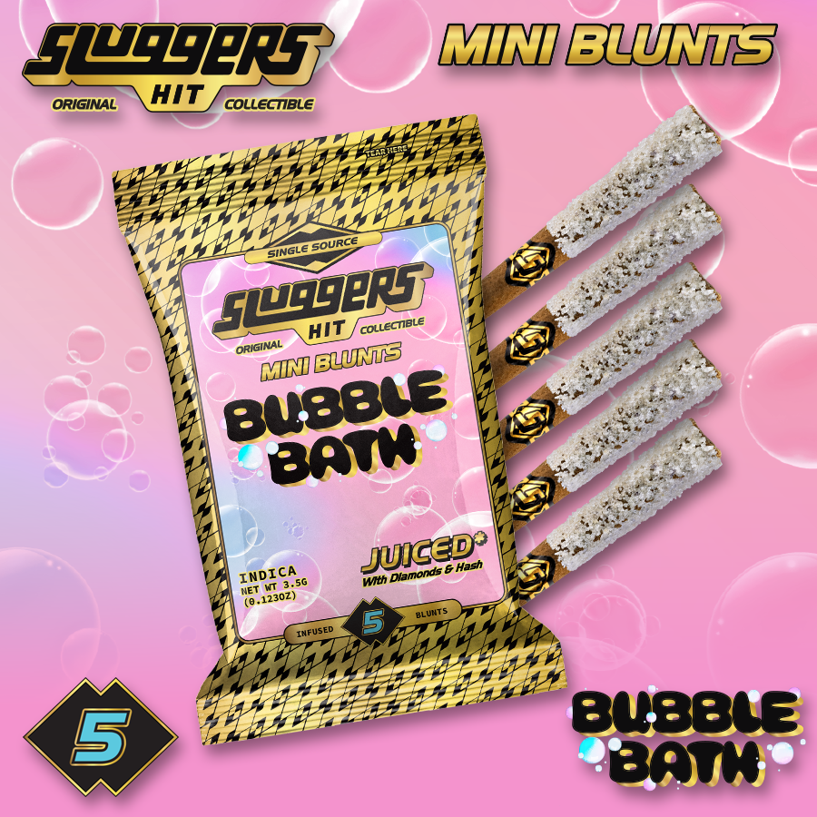 Sluggers Mini Blunts Bubble Bath indica 5-pack with checkered packaging and branded mini blunts