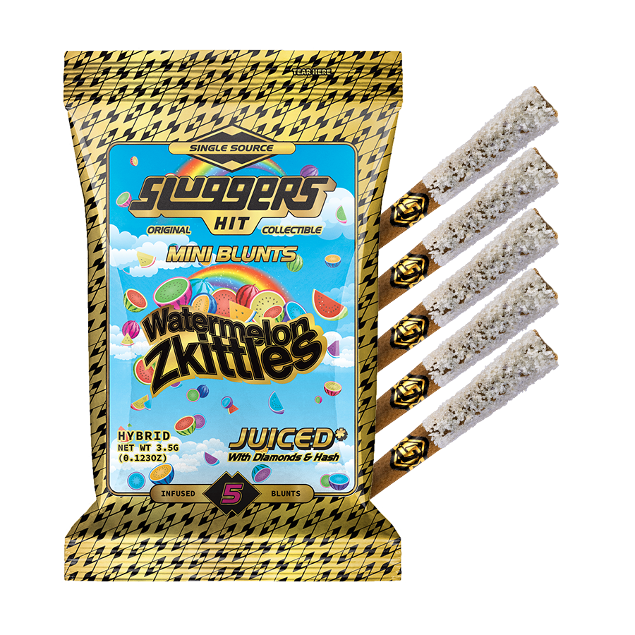 Sluggers Mini Blunts Watermelon Zkittles hybrid 5-pack with checkered packaging and branded mini blunts