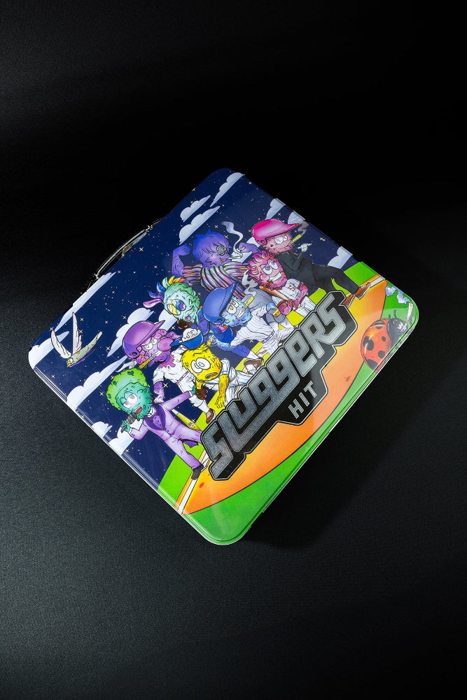 Sluggers Hit collector's tin with animated space-themed cartoon character design