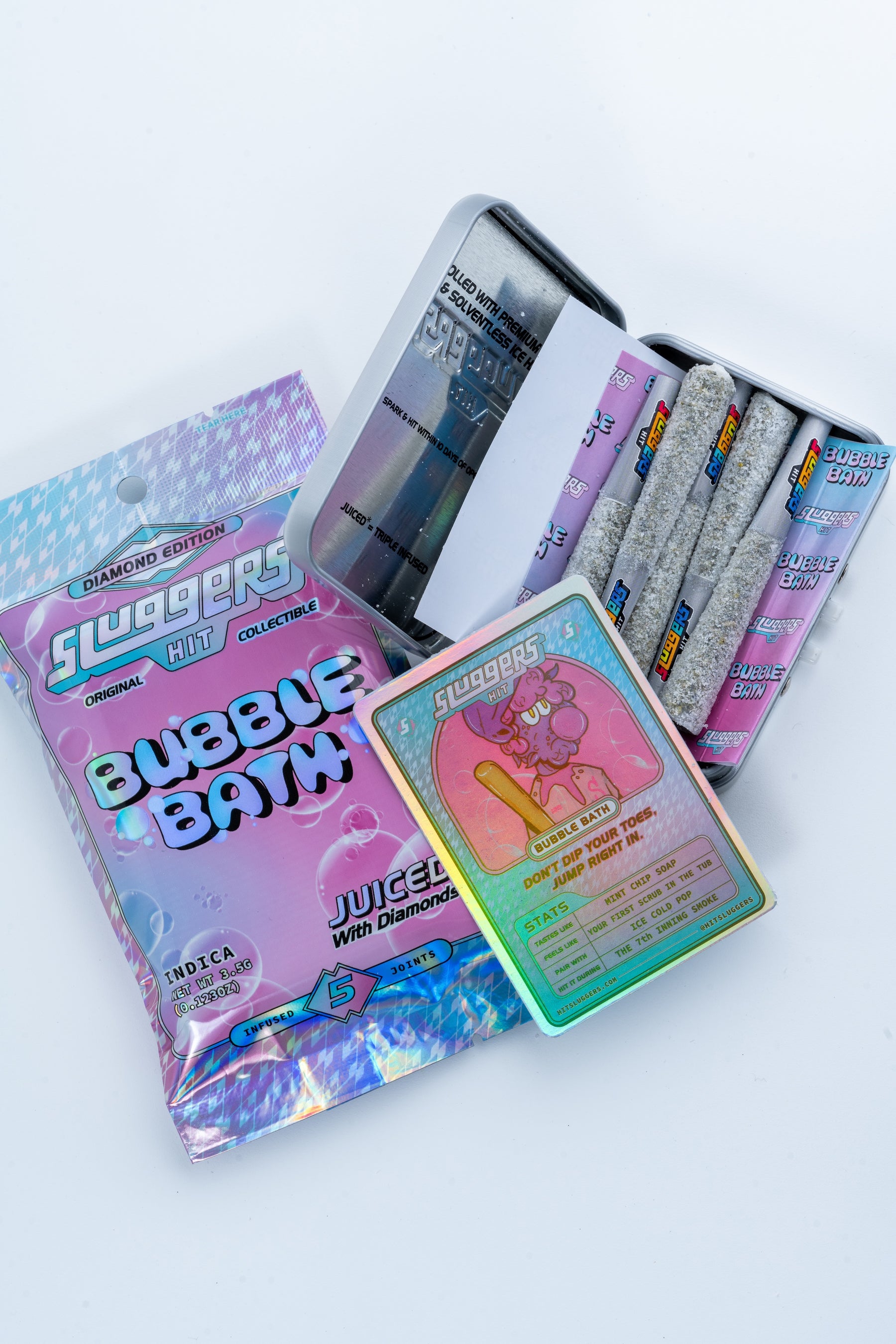 Sluggers Bubble Bath cannabis product collection with holographic packaging, tin, pre-rolls, and trading card