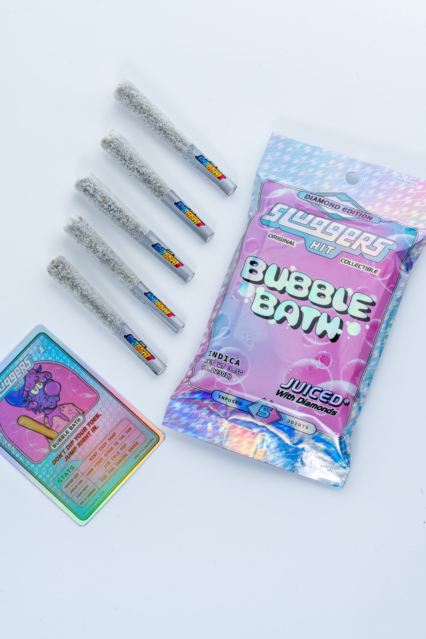 Sluggers Hit Bubble Bath cannabis pre-rolls with holographic packaging and five individual joints
