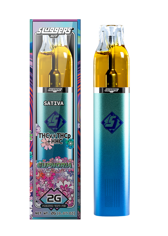 Vape pen with blue and gold design and colorful packaging on a white background