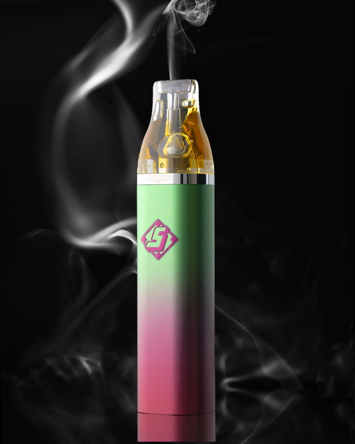 Sluggers cannabis vape pen with gradient coloring and visible oil cartridge